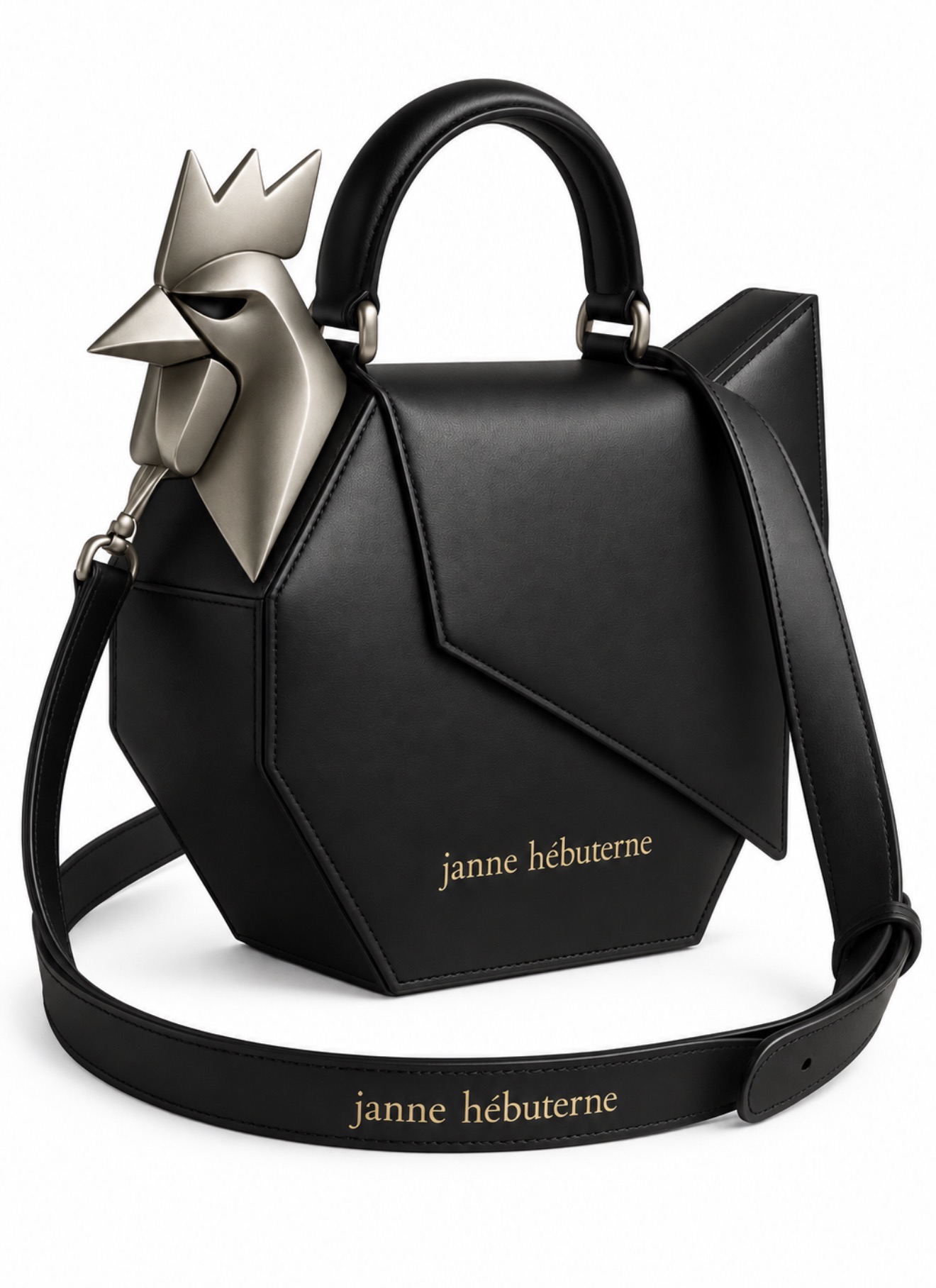 Le Coq Noir, borsa geometrica nera con gallo scultoreo
