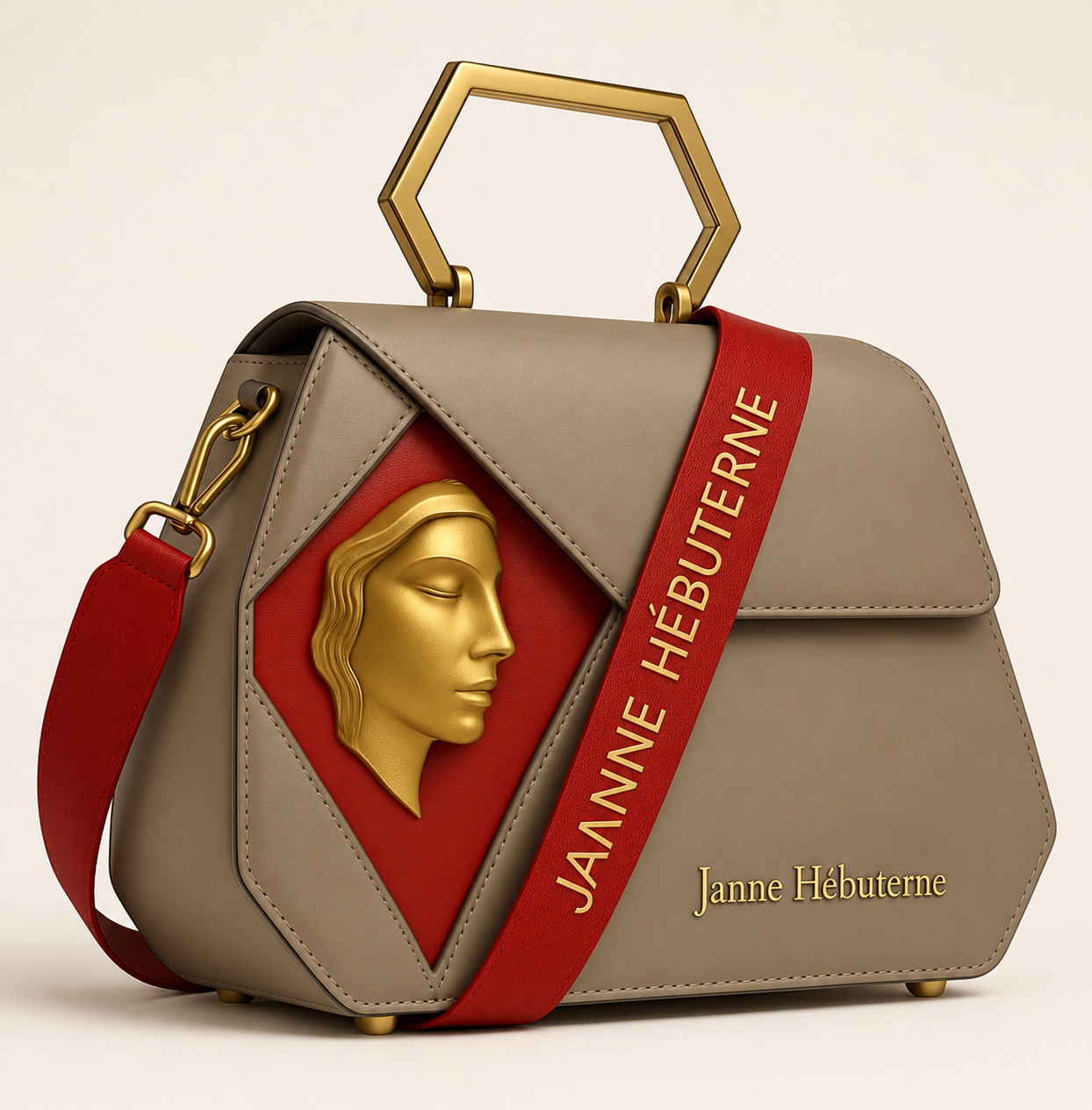 Muse Hexagone, borsa taupe e rossa con volto dorato